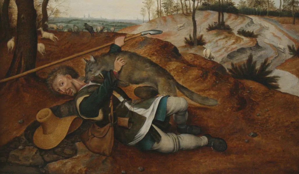 Jó pásztor megvédi juhait élete árán is. Brueghel A jó pásztor c. festménye